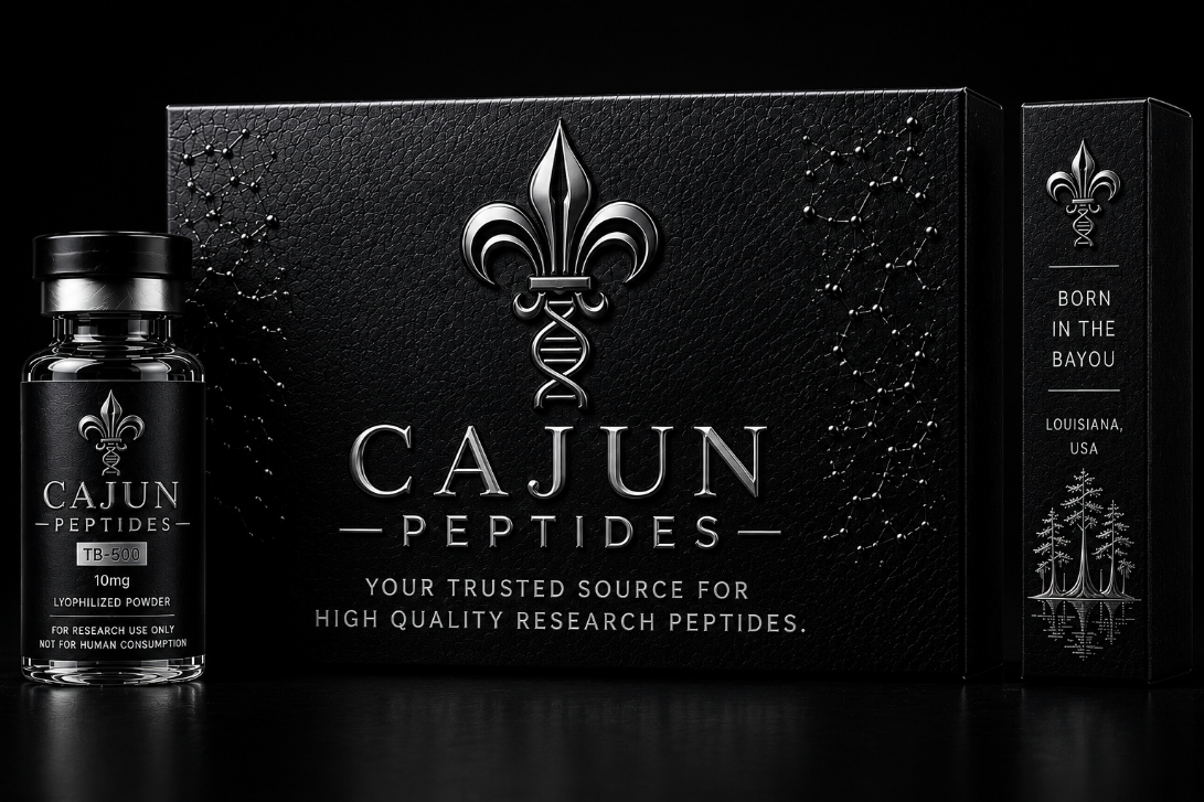 Cajun Peptides black and silver research peptide packaging with bottle, DNA fleur-de-lis logo, and Louisiana side panel